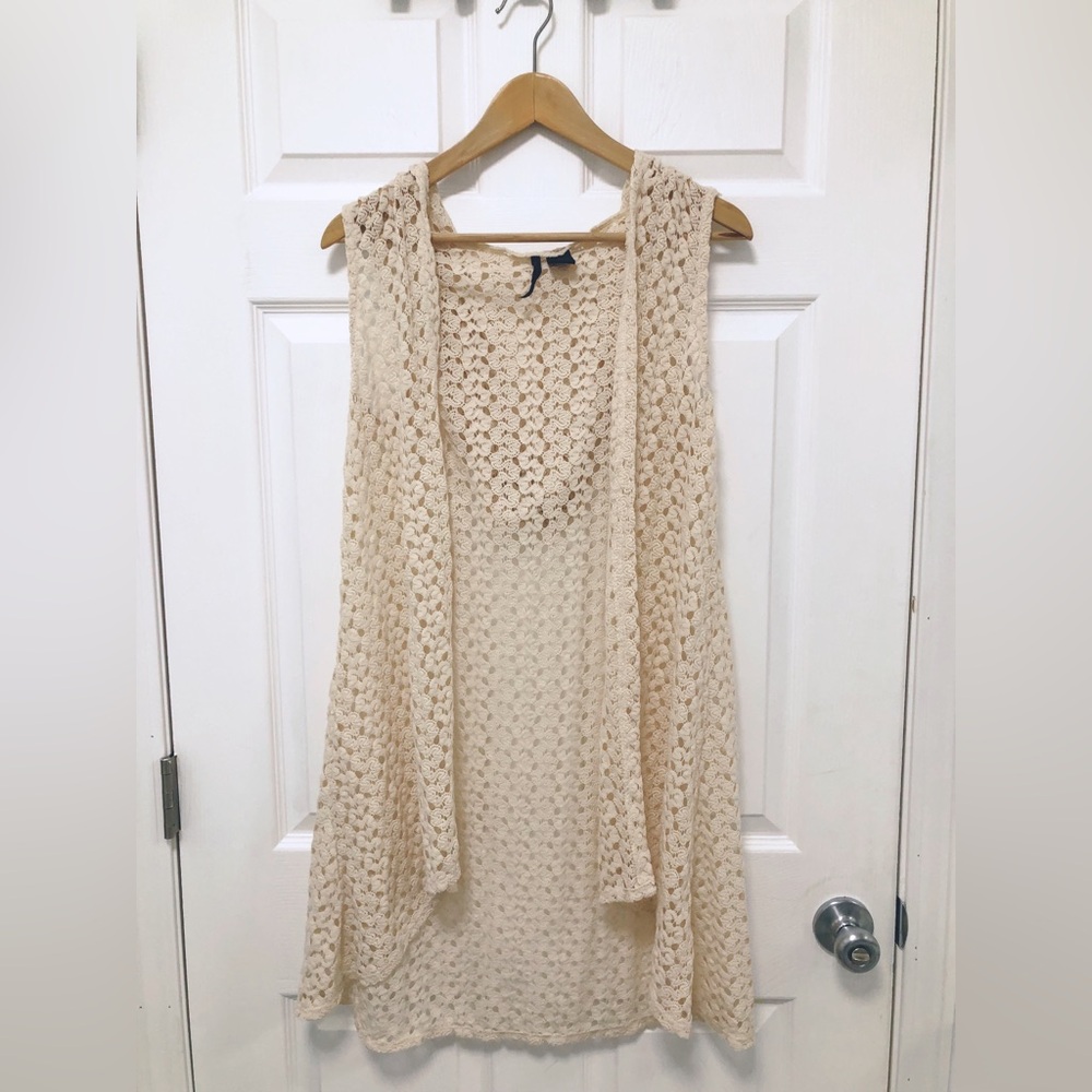 Cream Crochet Sleeveless Cardigan With Hood Size M Fairy Boho